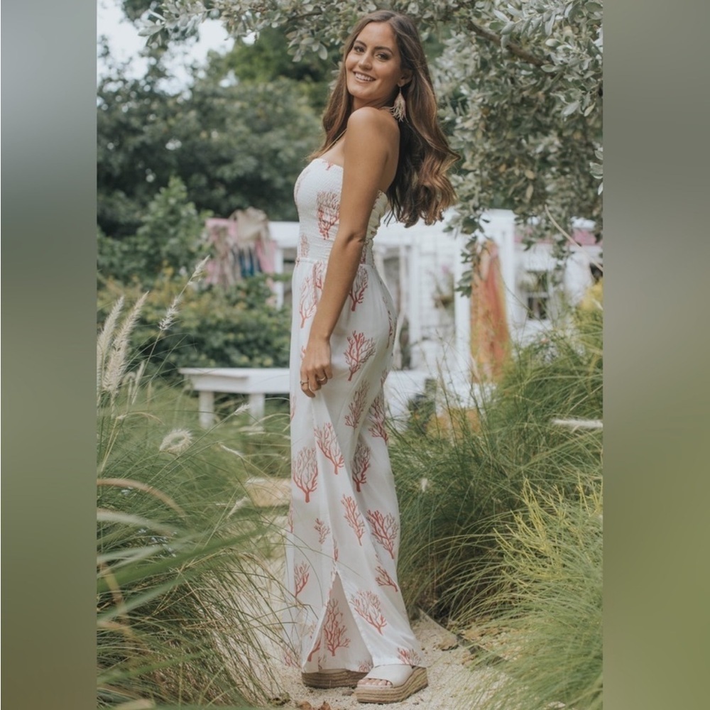 Skemo Jumpsuit Smocked Strapless Wide Leg Ocean Coral Print Excellent Size M